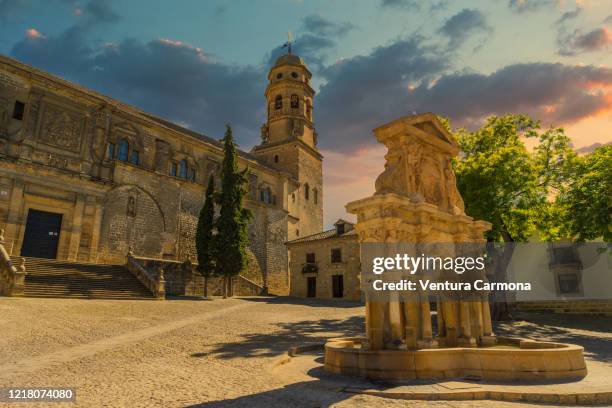 santa maría fountain and cathedral of baeza, spain - jaén city stock pictures, royalty-free photos & images