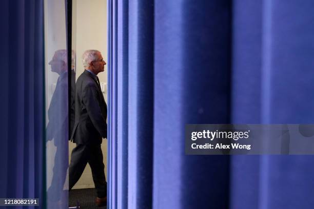 National Institute of Allergy and Infectious Diseases Director Anthony Fauci leaves after the daily briefing of the White House Coronavirus Task...