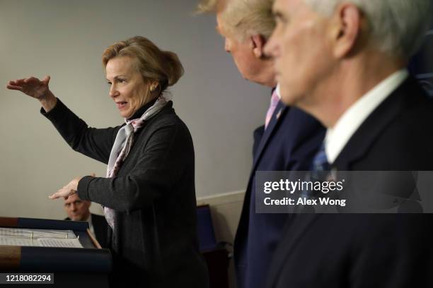 White House coronavirus response coordinator Deborah Birx speaks as U.S. President Donald Trump and Vice President Mike Pence listen during the daily...