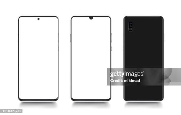smartphone. mobile phone template. telephone. realistic vector illustration of digital devices. front and rear view - behind computer screen stock illustrations