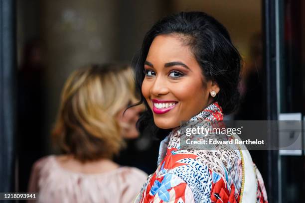 Clemence Botino, Miss Guadeloupe 2019 and Miss France 2020, is seen outside Leonard Paris, during Paris Fashion Week - Womenswear Fall/Winter...