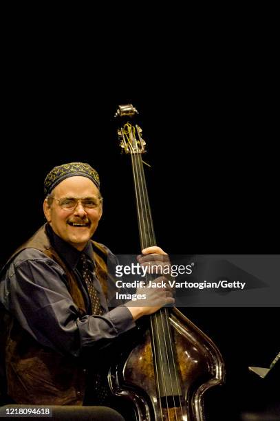 American jazz and Latin jazz musician Andy Gonzalez performs on upright acoustic bass with the Latin Jazz All-Stars at the 'All-Star Latin Jazz...