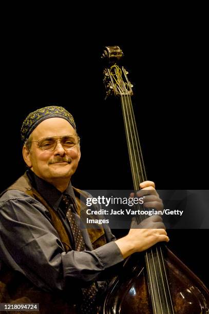 American jazz and Latin jazz musician Andy Gonzalez performs on upright acoustic bass with the Latin Jazz All-Stars at the 'All-Star Latin Jazz...