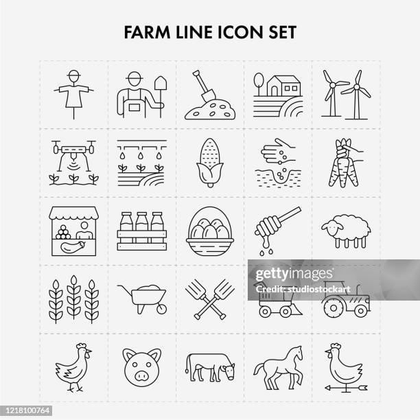 stockillustraties, clipart, cartoons en iconen met pictogramset landbouwlijn - kramen