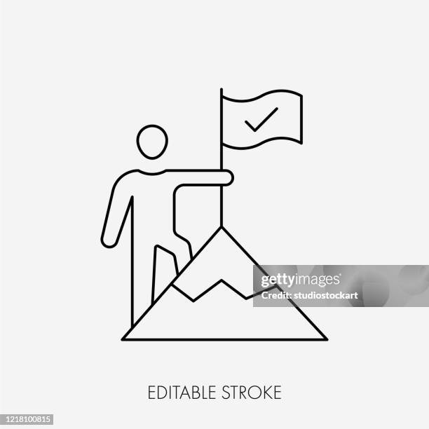 führung, mann mit flagge auf mount-vektor-linie-symbol. bearbeitbarer strich - punkten stock-grafiken, -clipart, -cartoons und -symbole