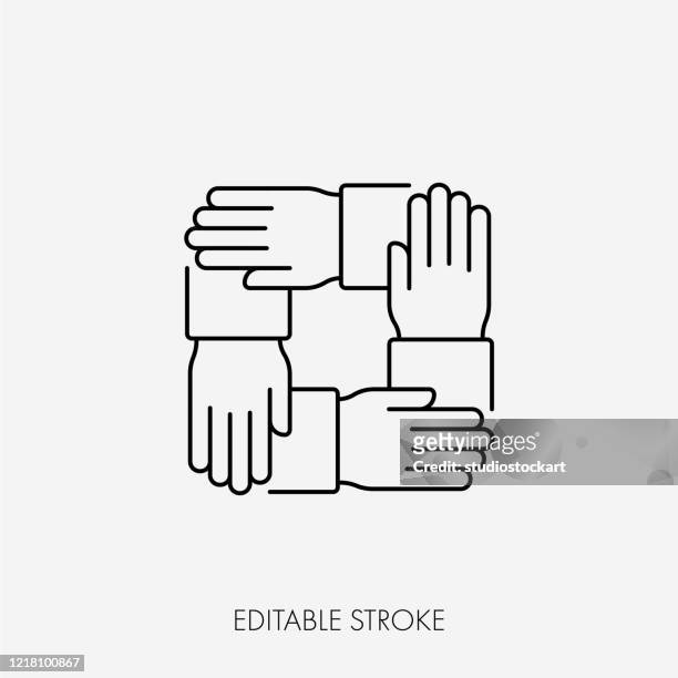 four connected hands. editable stroke - four people stock illustrations