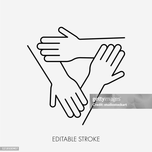 three connected hands. editable stroke - trio logo stock illustrations