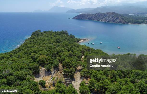 An aerial view of Phaselis ancient city, which was prepared to be opened for the visitors within the normalization phase of novel coronavirus...
