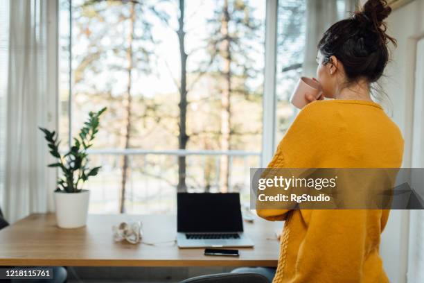 young freelancer taking a break while working from home during covid-19 pandemic - woman rear view stock pictures, royalty-free photos & images