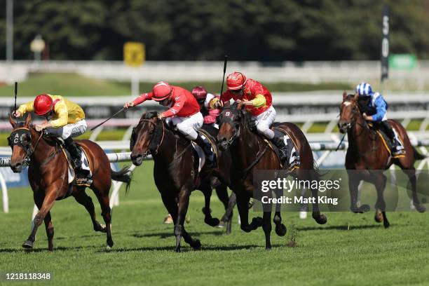 Tim Clark riding Postcode wins Race 1 Cellarbrations Fernhill Mile during Sydney Racing The Championships Day 2 Queen Elizabeth Stakes Day at Royal...