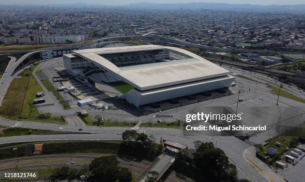 An aerial view of Arena Corinthians stadium during the coronavirus pandemic on April 06, 2020 in Sao Paulo, Brazil.