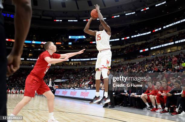 Jalen Smith of the Maryland Terrapins shoots the ball against the Nebraska Cornhuskers in the Second Round of the Big Ten Basketball Tournament at...