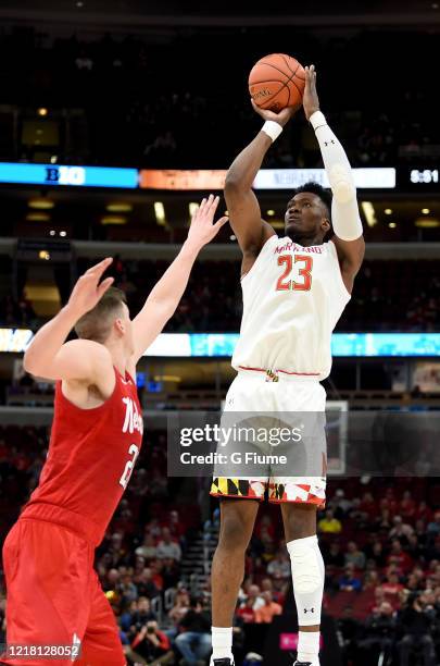 Bruno Fernando of the Maryland Terrapins shoots the ball against the Nebraska Cornhuskers in the Second Round of the Big Ten Basketball Tournament at...