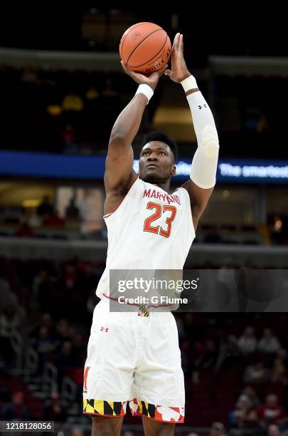 Bruno Fernando of the Maryland Terrapins shoots the ball against the Nebraska Cornhuskers in the Second Round of the Big Ten Basketball Tournament at...