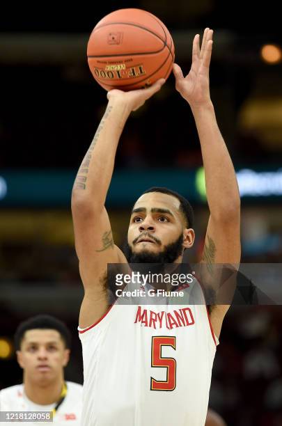 Eric Ayala of the Maryland Terrapins shoots a free throw against the Nebraska Cornhuskers in the Second Round of the Big Ten Basketball Tournament at...