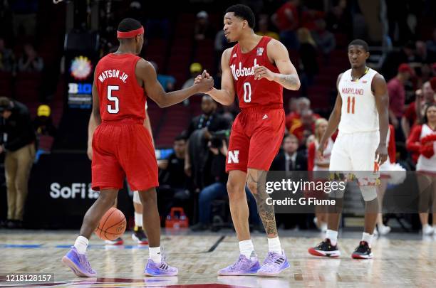 James Palmer Jr. #0 of the Nebraska Cornhuskers celebrates with Glynn Watson Jr. #5 during the game against the Maryland Terrapins in the Second...