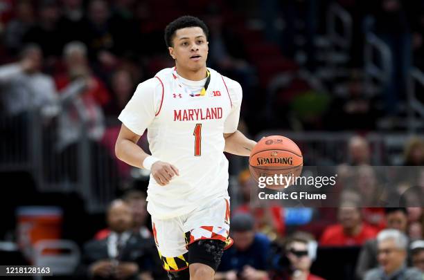 Anthony Cowan Jr. #1 of the Maryland Terrapins handles the ball against the Nebraska Cornhuskers in the Second Round of the Big Ten Basketball...