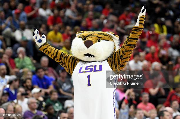 The LSU Tigers mascot performs during the game against the Maryland Terrapins in the Second Round of the NCAA Basketball Tournament at Jacksonville...