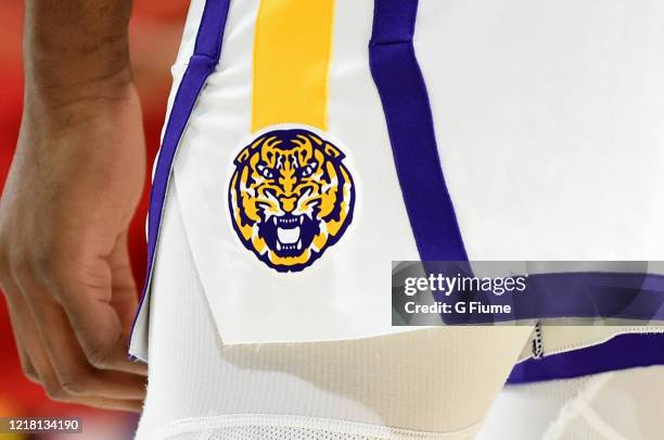 The LSU Tiger logo on their uniform during the game against the Maryland Terrapins in the Second Round of the NCAA Basketball Tournament at...