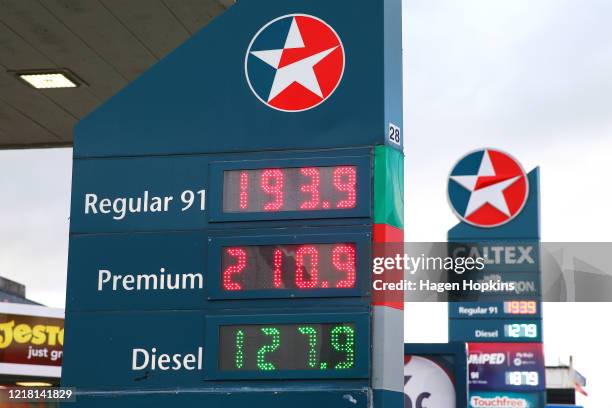 General view of petrol prices at Caltex petrol station on April 11, 2020 in Wellington, New Zealand. Petrol prices have fallen recently, largely due...