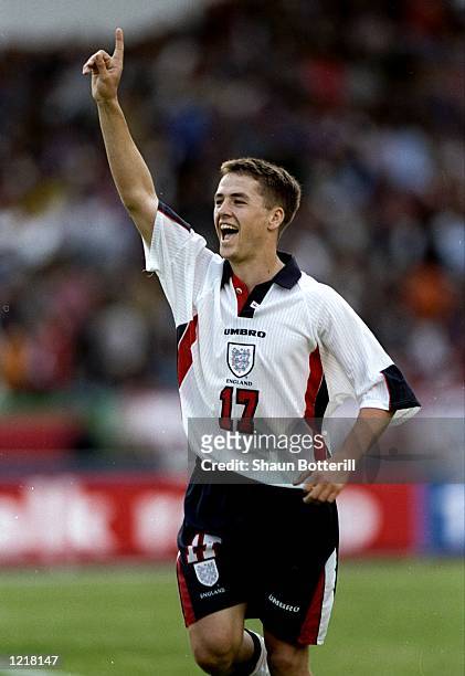 Michael Owen of England celebrates his goal during the King Hussain Cup match against Morocco played in Casablanca, Morocco. The match finished in a...