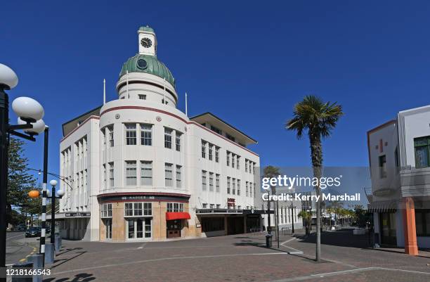 The historic Art Deco T&G Building is closed and the streets around empty on April 11, 2020 in Napier, New Zealand. New Zealand has been in complete...