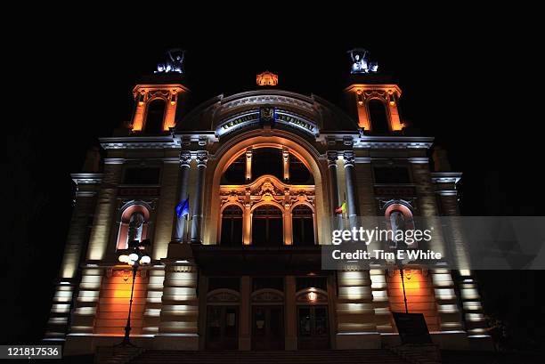 national theatre at night, cluj napoca, romania - cluj-napoca romania stock pictures, royalty-free photos & images