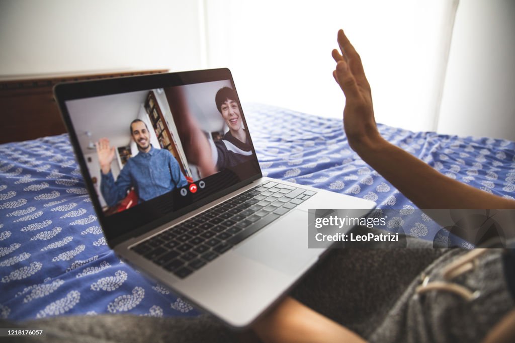 Social Distance Call Woman In Video Call With Friends Social Relations At Covid19 Social ...