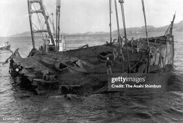 The wreckage of Japanese battleship Mutsu is salvaged on March 15, 1971 in Towa, Yamaguchi, Japan.