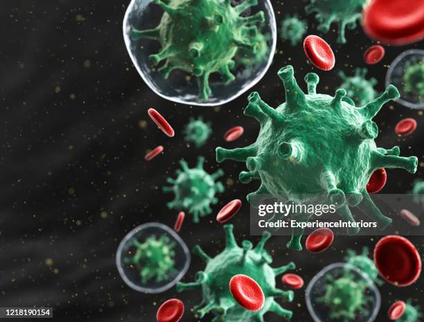 virus cells mixed with red blood cells - coronavirus bloodstream stock pictures, royalty-free photos & images