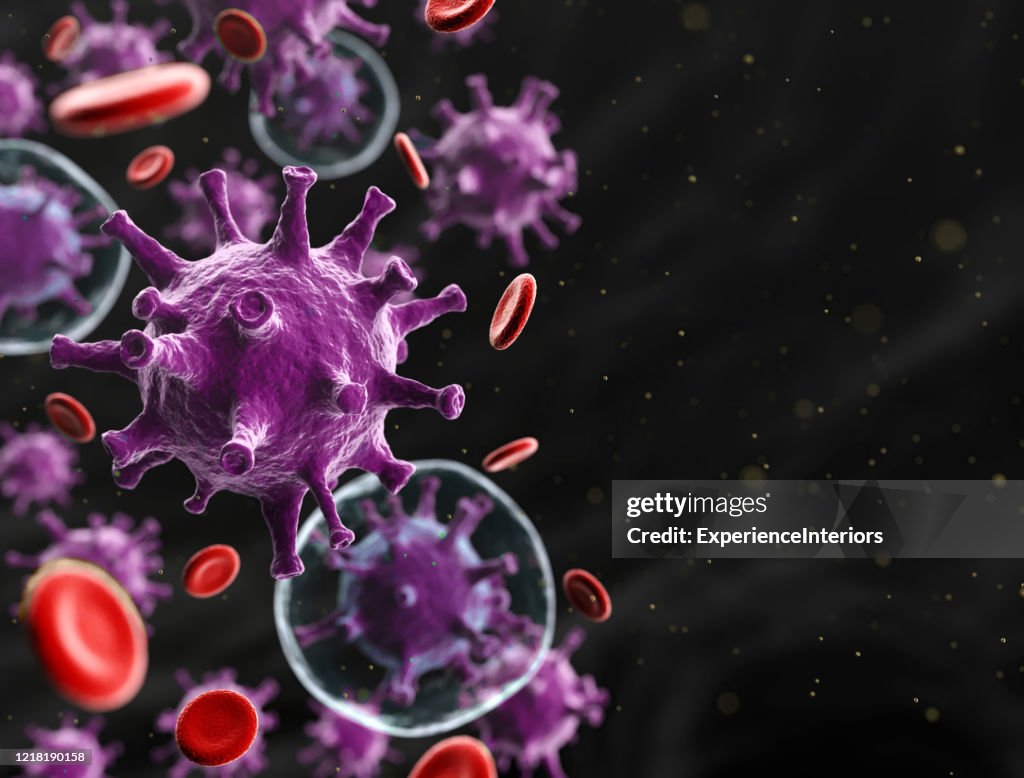 Virus cells mixed with red blood cells