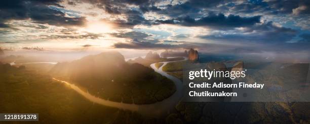 aerial panoramic view of phang nga bay in morning with mangrove forest in phang nga province, thailand - provincia di phang nga foto e immagini stock