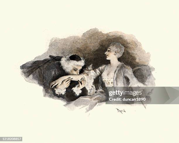 man kissing a french noblewoman arm, 18th century - puckering stock illustrations