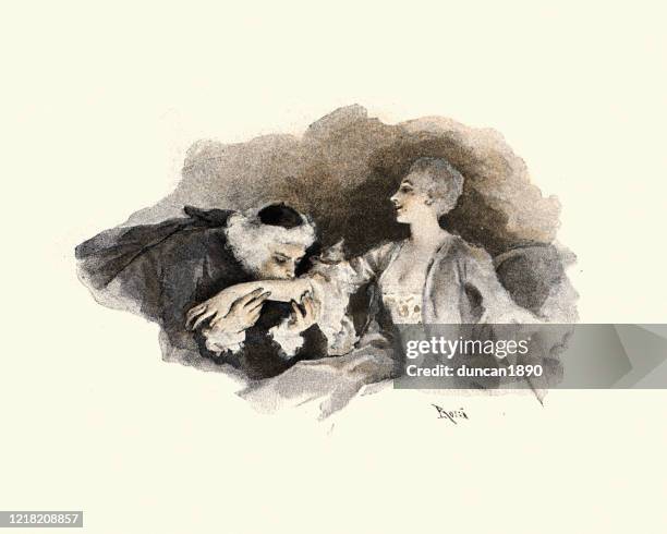 man kissing a french noblewoman arm, 18th century - we want stock illustrations
