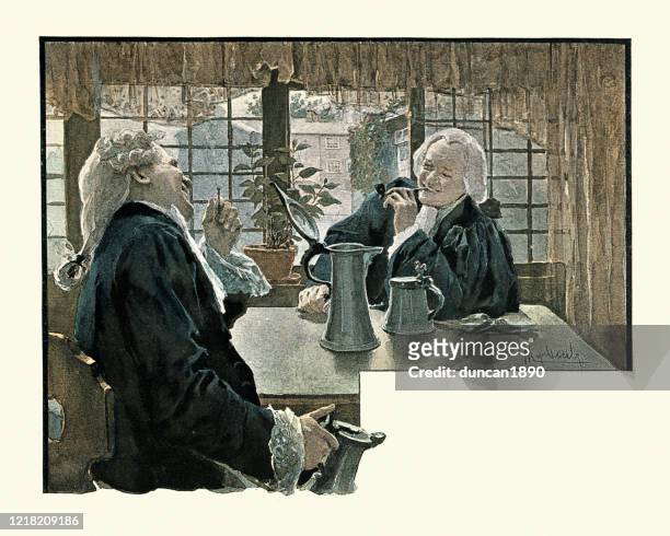 two old friends laughing and drinking from pewter flagons - 18th century stock illustrations