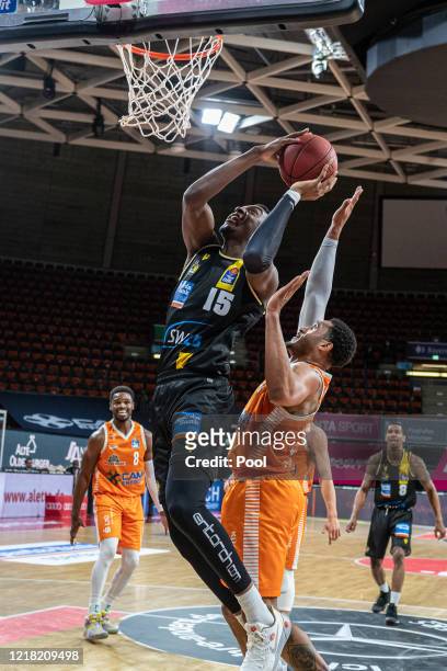 Ariel Hukporti of MHP Riesen Ludwigsburg moves to the basket during the EasyCredit Basketball Bundesliga match between Rasta Vechta and MHP Riesen...