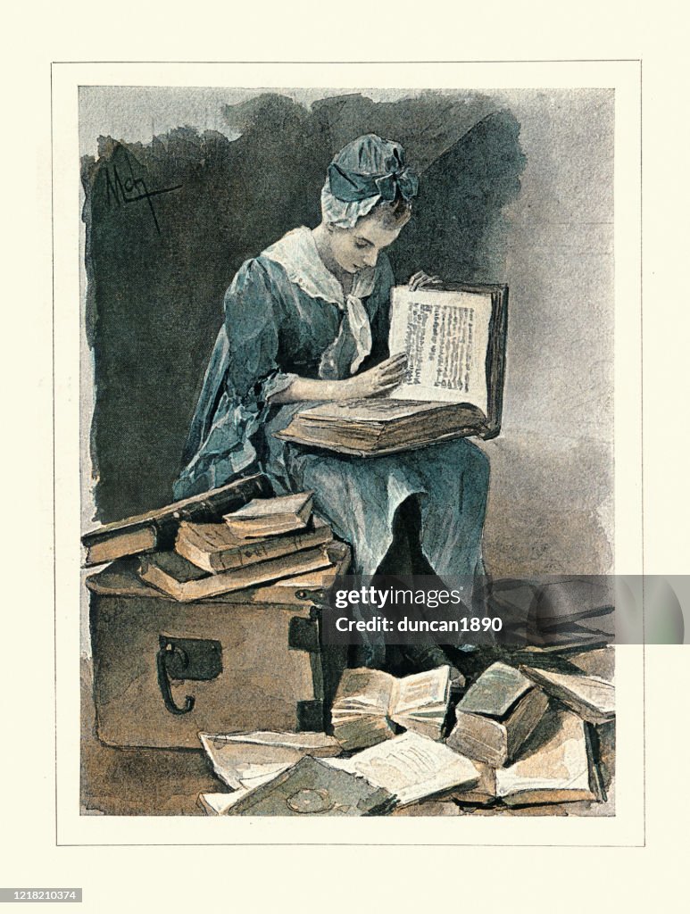 Young woman reading a large antiquarian book, 18th Century