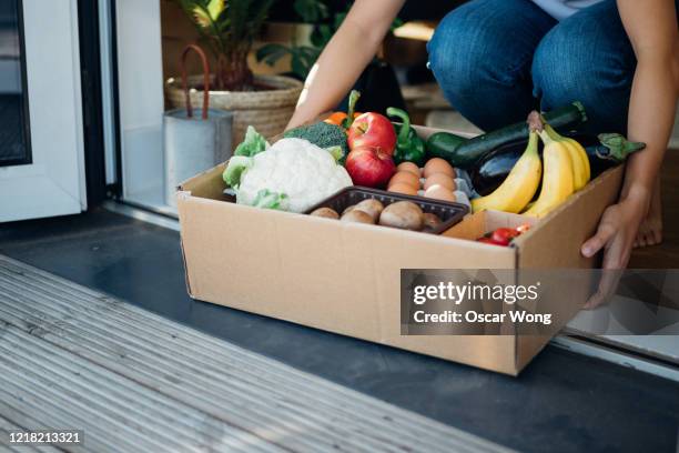 young woman receiving fresh food home delivery - lieferkette lebensmittel stock-fotos und bilder