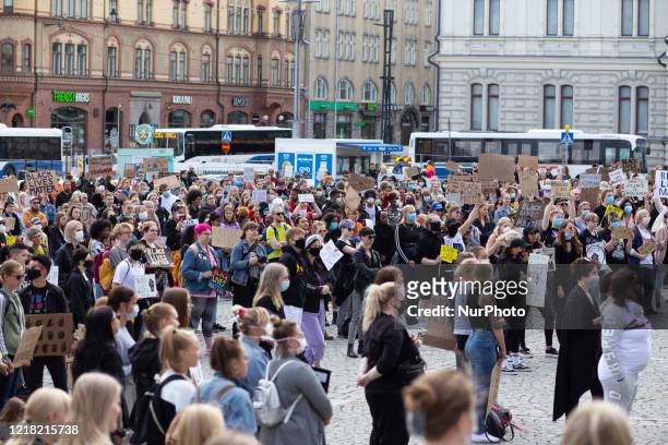 People participate on a black lives matter demonstration in the city of Tampere, Finland, on June 7, 2020.