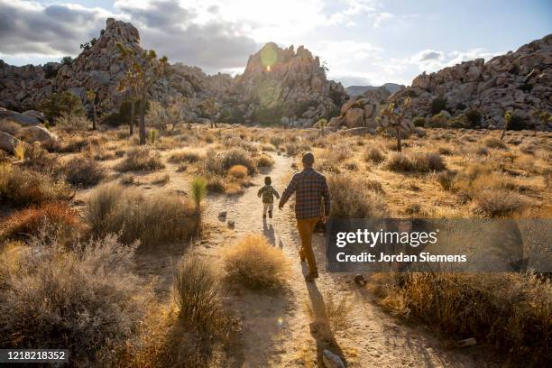 a dad and his son hiking a scenic trail in the desert. - palm-springs-california foto e immagini stock
