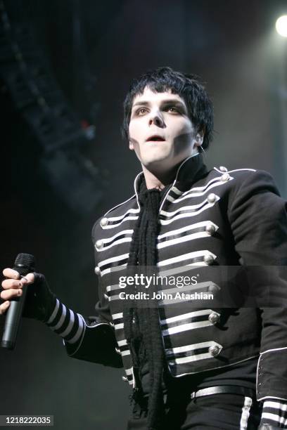 Singer Gerard Way of the rock band My Chemical Romance is shown performing on stage during a "live" concert appearance on February 27, 2004.