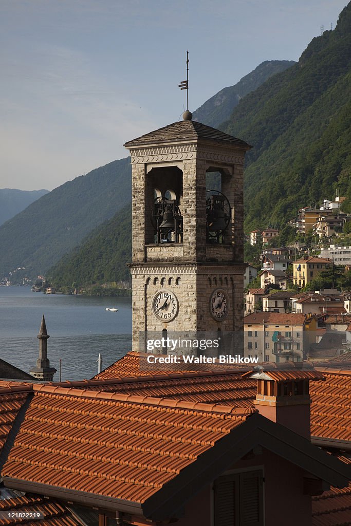 Lake view with town church, Argegno, Lake Como, Lakes Region, Milan, Lombardy, Italy