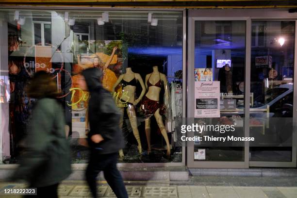 Storefronts damaged by looting are seen in Matonge, the African district, on June 7, 2020 in Brussels, Belgium. Luxury shops were damaged by looting...
