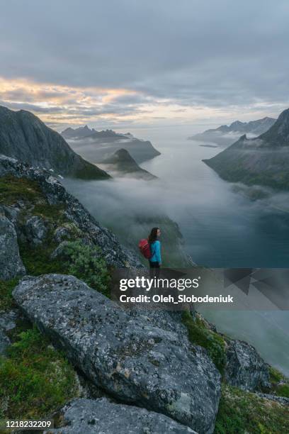 mulher caminhando em montanhas na ilha senja na neblina - mar da noruega - fotografias e filmes do acervo