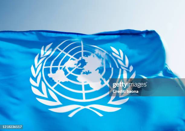 united nations flag waving in the wind - united nations flag stock pictures, royalty-free photos & images