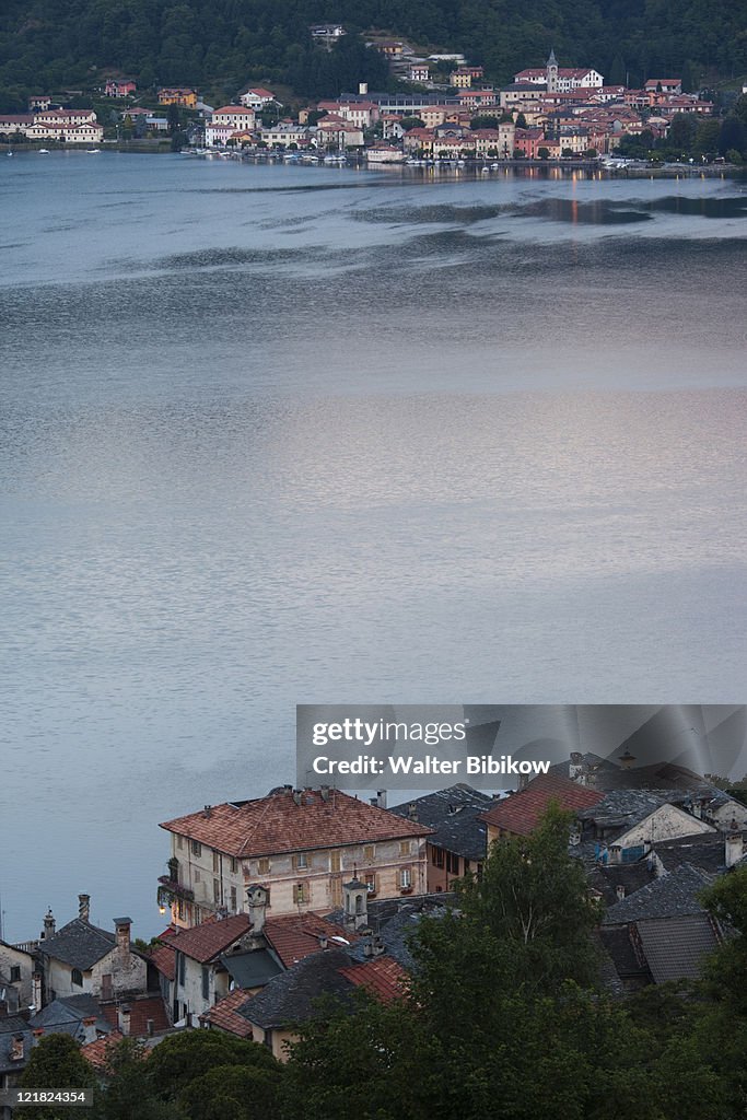 Town overview at dawn, Orta San Giulio, Lake Orta, Piedmont, Italy