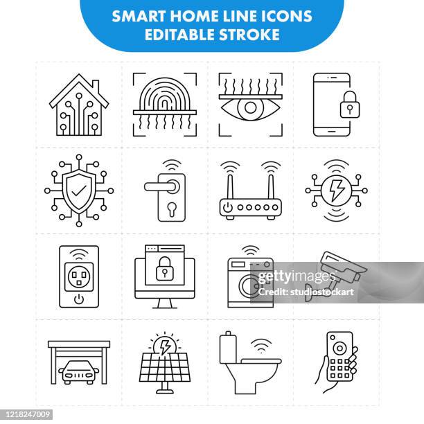 smart home line icon set editable stroke - artificial intelligence car stock illustrations