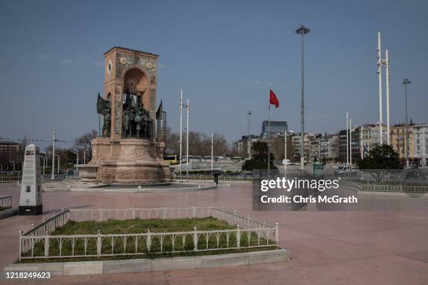 Taksim Square and surrounds are empty during a two-day lockdown imposed prevent the spread of COVID-19 on April 11, 2020 in Istanbul, Turkey. The...