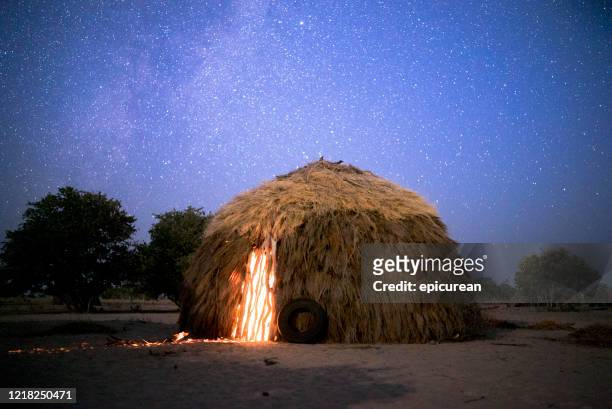 traditionele bosjesmanhut in kalahari van botswana - shack stockfoto's en -beelden