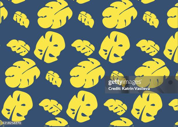 summer stylish yellow philodendron leafs seamless pattern - philodendron stock illustrations